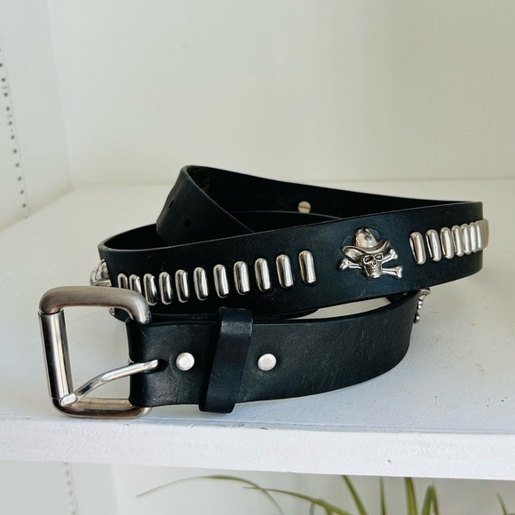 Vintage Badass Black Skull Leather Metal Belt Punk Skull Motorcycle Belt size 42 - Picture 1 of 9